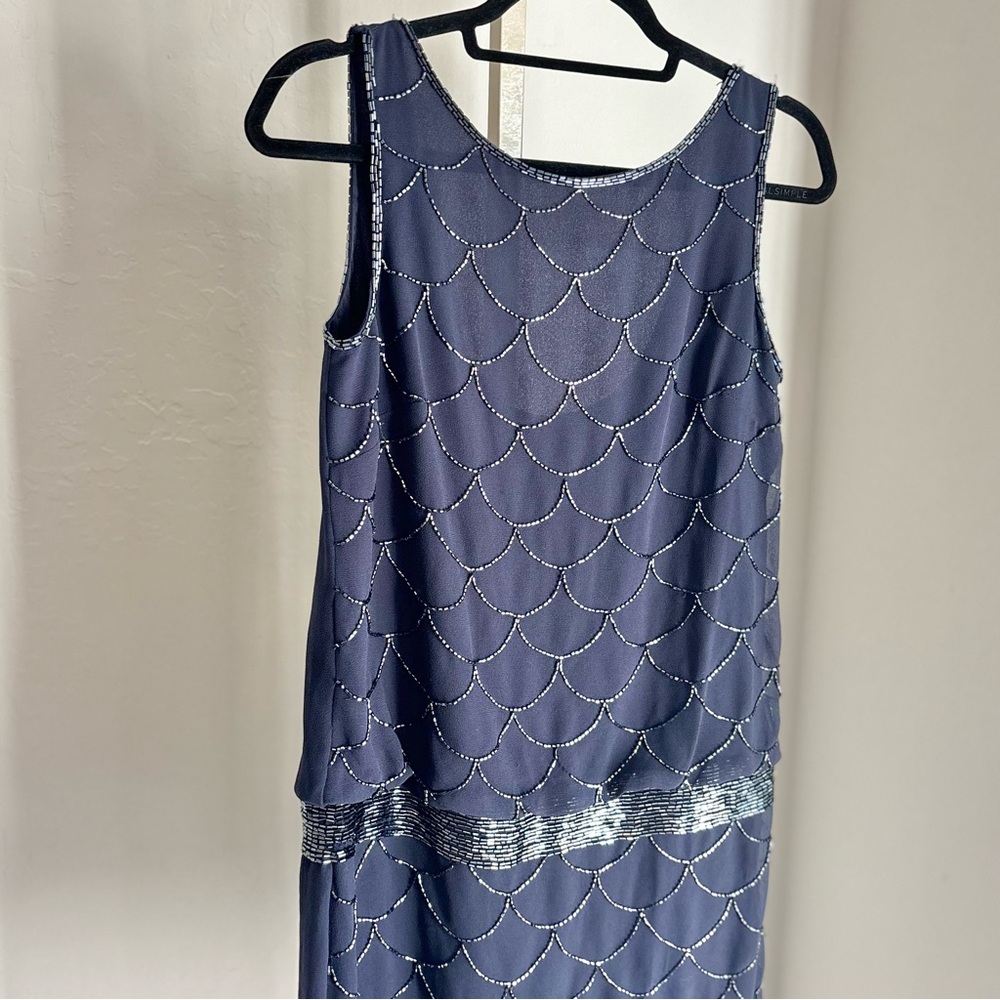 Adrianna Papell Navy Blue with Black Scalloped Bead Drop Waist 1920s Mini - Picture 3 of 11